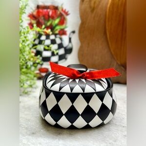 New Black & White Resin Harlequin Diamond Trinket Jewelry Dish w/ Lid & Red Bow
